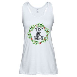 Merry And Bright Christmas Wreath With Holly Berries Ladies Essential Flowy Tank