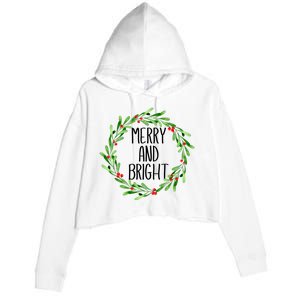 Merry And Bright Christmas Wreath With Holly Berries Crop Fleece Hoodie