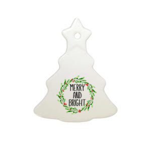 Merry And Bright Christmas Wreath With Holly Berries Ceramic Tree Ornament