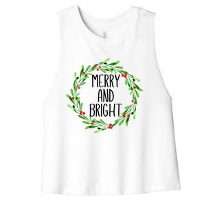 Merry And Bright Christmas Wreath With Holly Berries Women's Racerback Cropped Tank