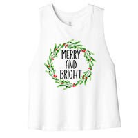 Merry And Bright Christmas Wreath With Holly Berries Women's Racerback Cropped Tank