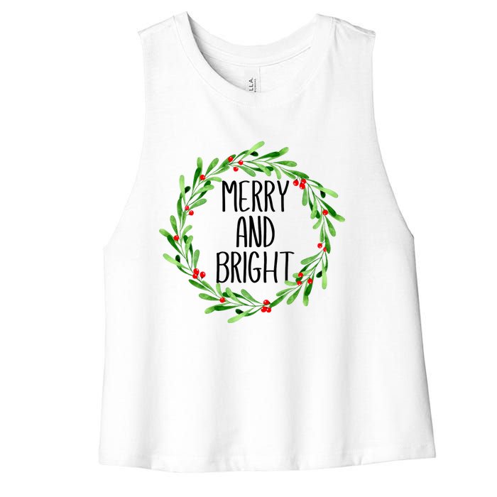 Merry And Bright Christmas Wreath With Holly Berries Women's Racerback Cropped Tank