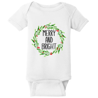 Merry And Bright Christmas Wreath With Holly Berries Baby Bodysuit