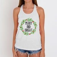 Merry And Bright Christmas Wreath With Holly Berries Women's Knotted Racerback Tank