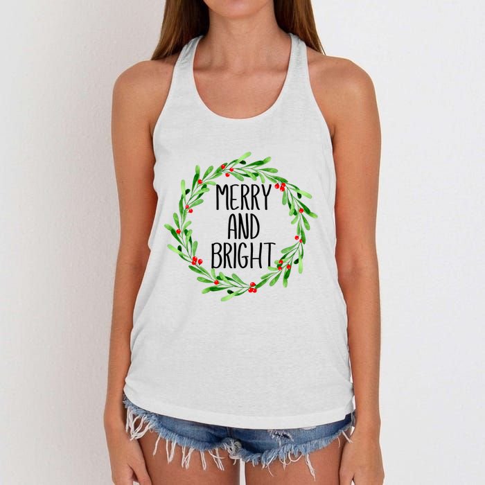 Merry And Bright Christmas Wreath With Holly Berries Women's Knotted Racerback Tank