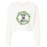 Merry And Bright Christmas Wreath With Holly Berries Cropped Pullover Crew