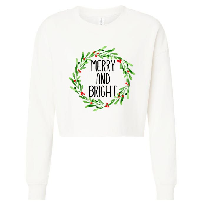 Merry And Bright Christmas Wreath With Holly Berries Cropped Pullover Crew