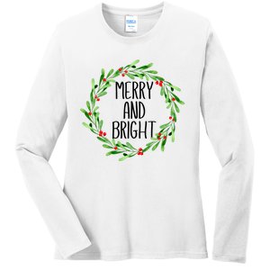 Merry And Bright Christmas Wreath With Holly Berries Ladies Long Sleeve Shirt