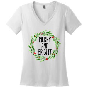 Merry And Bright Christmas Wreath With Holly Berries Women's V-Neck T-Shirt