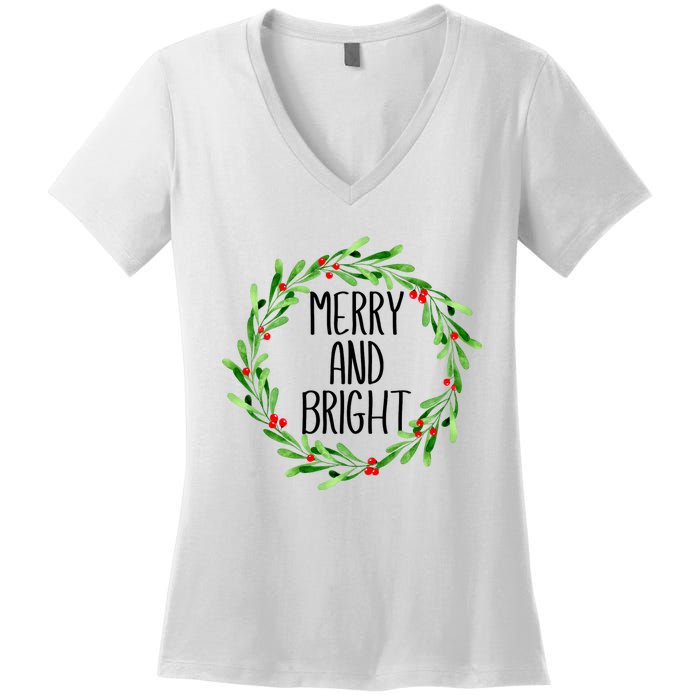 Merry And Bright Christmas Wreath With Holly Berries Women's V-Neck T-Shirt