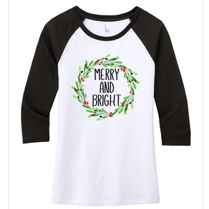 Merry And Bright Christmas Wreath With Holly Berries Women's Tri-Blend 3/4-Sleeve Raglan Shirt