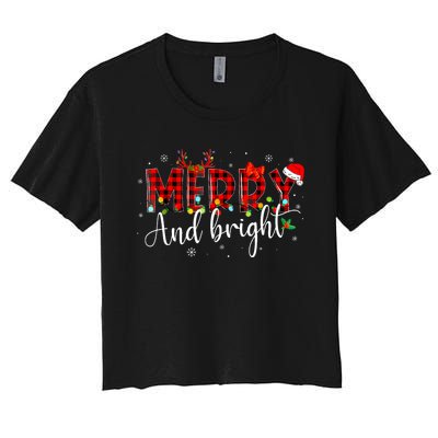 Merry And Bright Christmas Xmas Lights Family Pajama Holiday Women's Crop Top Tee