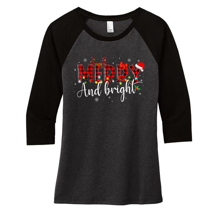 Merry And Bright Christmas Xmas Lights Family Pajama Holiday Women's Tri-Blend 3/4-Sleeve Raglan Shirt