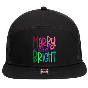 Merry And Bright Colorful Print Letters Christmas Design 7 Panel Mesh Trucker Snapback Hat