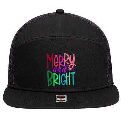 Merry And Bright Colorful Print Letters Christmas Design 7 Panel Mesh Trucker Snapback Hat