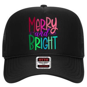 Merry And Bright Colorful Print Letters Christmas Design High Crown Mesh Back Trucker Hat