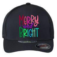 Merry And Bright Colorful Print Letters Christmas Design Flexfit Unipanel Trucker Cap