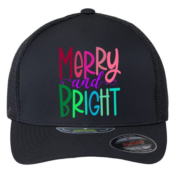 Merry And Bright Colorful Print Letters Christmas Design Flexfit Unipanel Trucker Cap