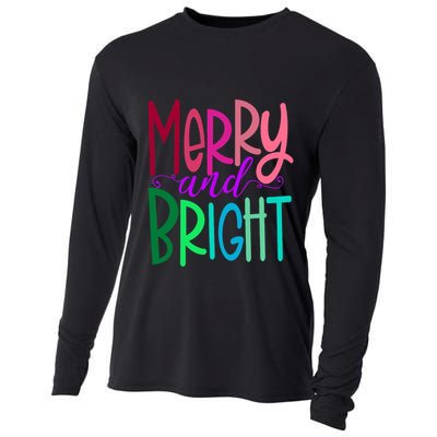 Merry And Bright Colorful Print Letters Christmas Design Cooling Performance Long Sleeve Crew