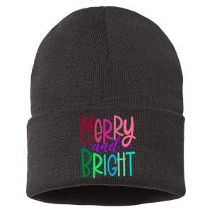 Merry And Bright Colorful Print Letters Christmas Design Sustainable Knit Beanie