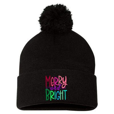 Merry And Bright Colorful Print Letters Christmas Design Pom Pom 12in Knit Beanie