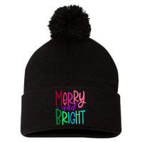 Merry And Bright Colorful Print Letters Christmas Design Pom Pom 12in Knit Beanie