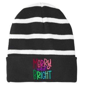 Merry And Bright Colorful Print Letters Christmas Design Striped Beanie with Solid Band