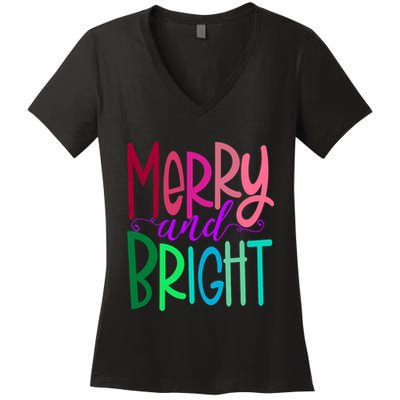 Merry And Bright Colorful Print Letters Christmas Design Women's V-Neck T-Shirt