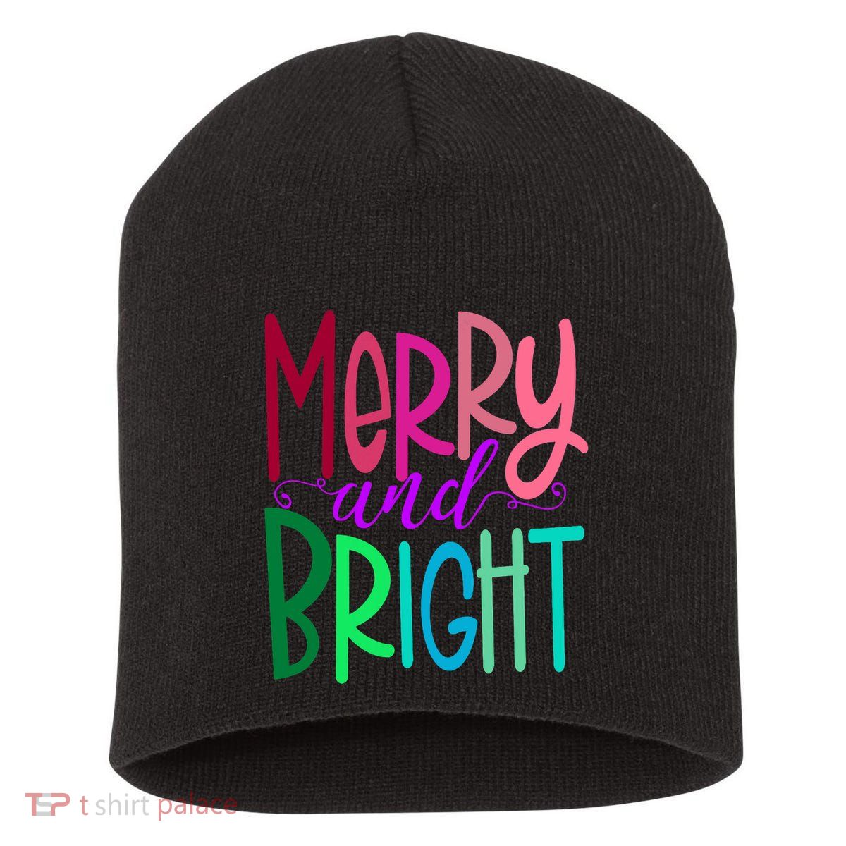 Merry And Bright Colorful Print Letters Christmas Design Short Acrylic Beanie