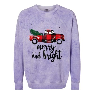 Merry And Bright Cute Red Plaid Truck Happy Holiday Raglan Baseball Colorblast Crewneck Sweatshirt