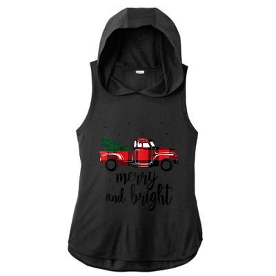 Merry And Bright Cute Red Plaid Truck Happy Holiday Raglan Baseball Ladies PosiCharge Tri-Blend Wicking Draft Hoodie Tank