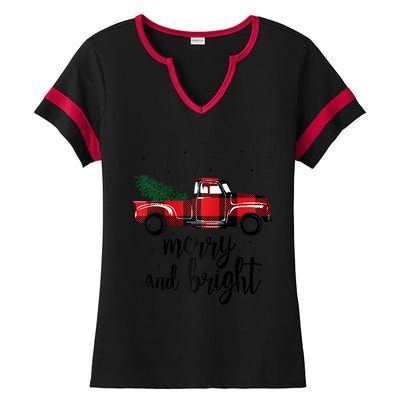 Merry And Bright Cute Red Plaid Truck Happy Holiday Raglan Baseball Ladies Halftime Notch Neck Tee