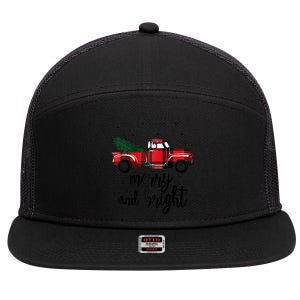 Merry And Bright Cute Red Plaid Truck Happy Holiday Raglan Baseball 7 Panel Mesh Trucker Snapback Hat