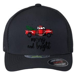 Merry And Bright Cute Red Plaid Truck Happy Holiday Raglan Baseball Flexfit Unipanel Trucker Cap