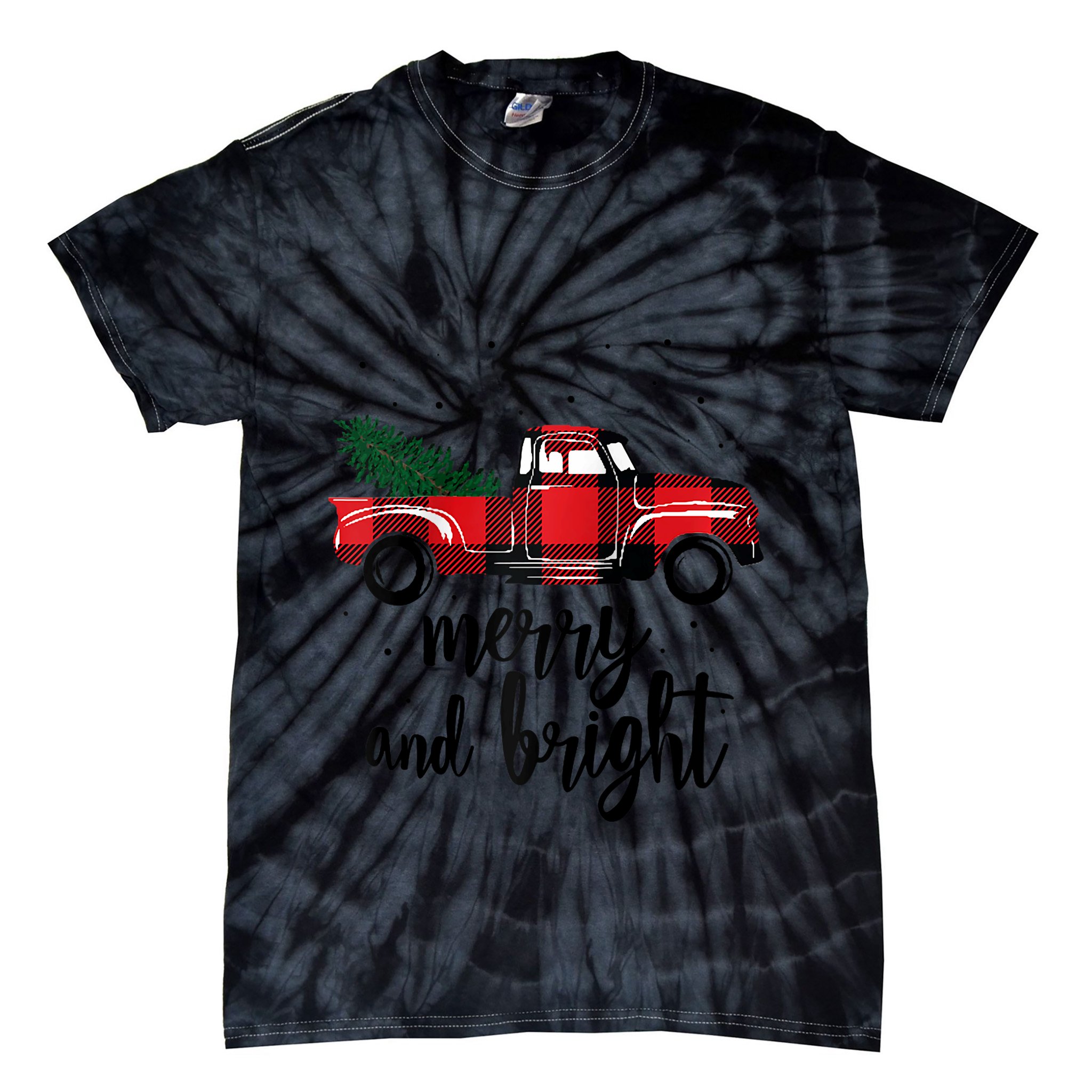 Merry And Bright Cute Red Plaid Truck Happy Holiday Raglan Baseball Tie-Dye T-Shirt