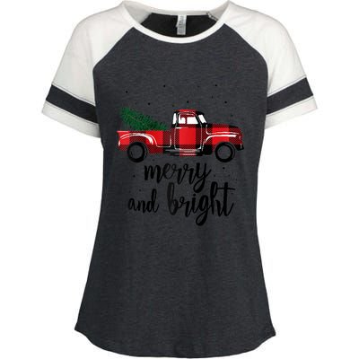 Merry And Bright Cute Red Plaid Truck Happy Holiday Raglan Baseball Enza Ladies Jersey Colorblock Tee