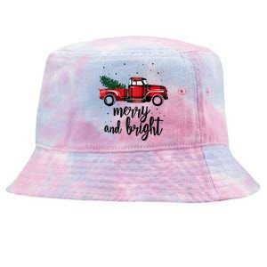 Merry And Bright Cute Red Plaid Truck Happy Holiday Raglan Baseball Tie-Dyed Bucket Hat