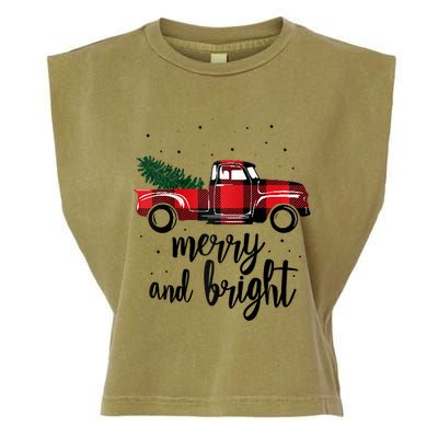 Merry And Bright Cute Red Plaid Truck Happy Holiday Raglan Baseball Garment-Dyed Women's Muscle Tee