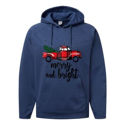 Merry And Bright Cute Red Plaid Truck Happy Holiday Raglan Baseball Performance Fleece Hoodie