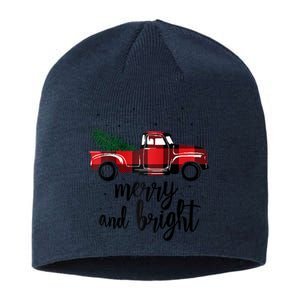 Merry And Bright Cute Red Plaid Truck Happy Holiday Raglan Baseball Sustainable Beanie