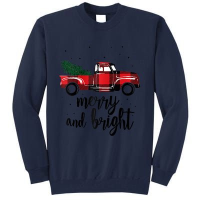 Merry And Bright Cute Red Plaid Truck Happy Holiday Raglan Baseball Tall Sweatshirt