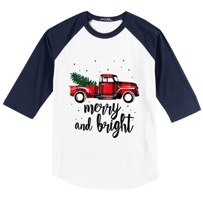 Merry And Bright Cute Red Plaid Truck Happy Holiday Raglan Baseball Baseball Sleeve Shirt