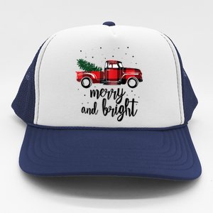 Merry And Bright Cute Red Plaid Truck Happy Holiday Raglan Baseball Trucker Hat