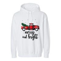 Merry And Bright Cute Red Plaid Truck Happy Holiday Raglan Baseball Garment-Dyed Fleece Hoodie