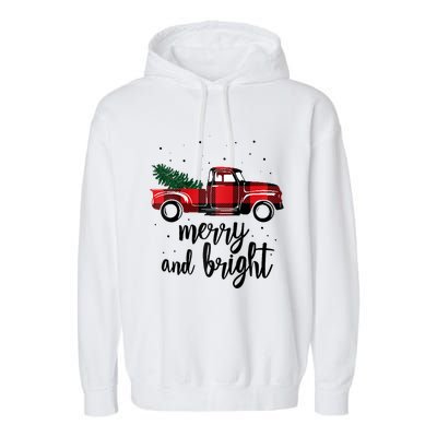 Merry And Bright Cute Red Plaid Truck Happy Holiday Raglan Baseball Garment-Dyed Fleece Hoodie