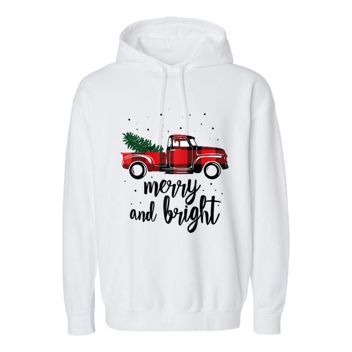 Merry And Bright Cute Red Plaid Truck Happy Holiday Raglan Baseball Garment-Dyed Fleece Hoodie