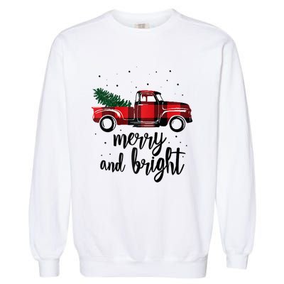 Merry And Bright Cute Red Plaid Truck Happy Holiday Raglan Baseball Garment-Dyed Sweatshirt