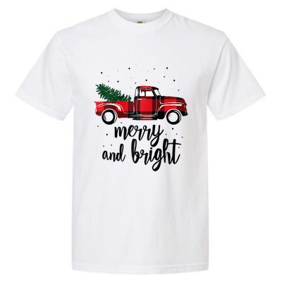 Merry And Bright Cute Red Plaid Truck Happy Holiday Raglan Baseball Garment-Dyed Heavyweight T-Shirt