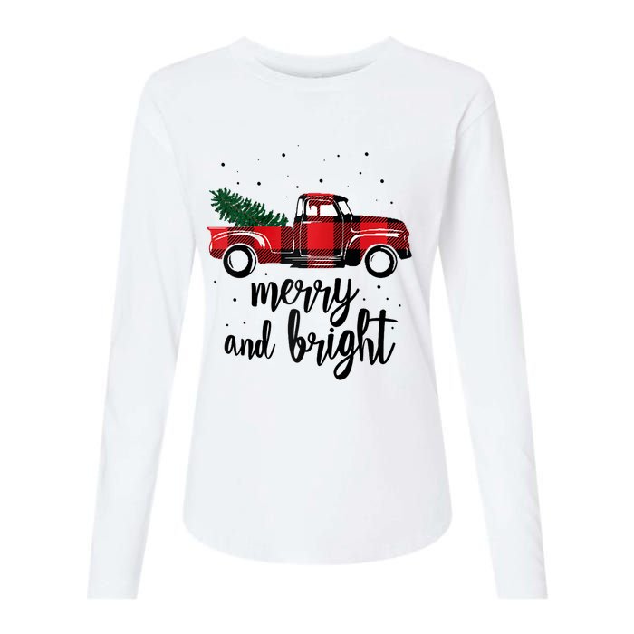 Merry And Bright Cute Red Plaid Truck Happy Holiday Raglan Baseball Womens Cotton Relaxed Long Sleeve T-Shirt