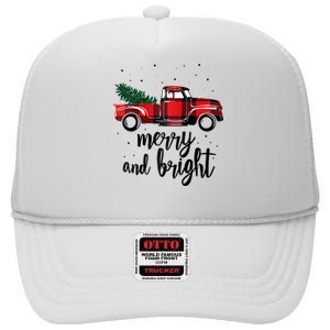 Merry And Bright Cute Red Plaid Truck Happy Holiday Raglan Baseball High Crown Mesh Back Trucker Hat